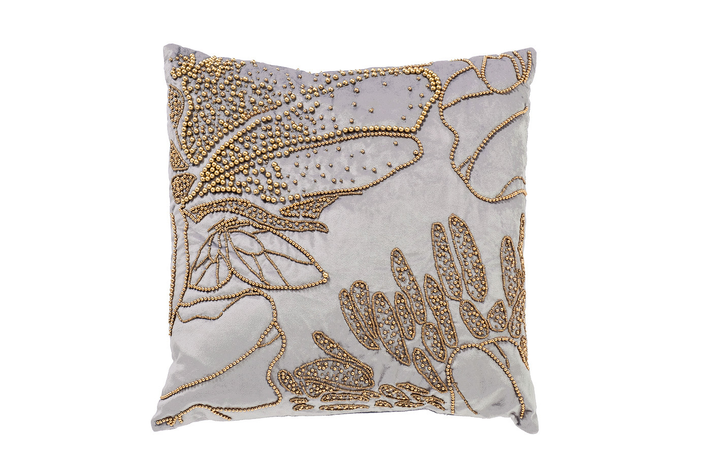 Подушка декоративная с бисером «Пионы» серая 1