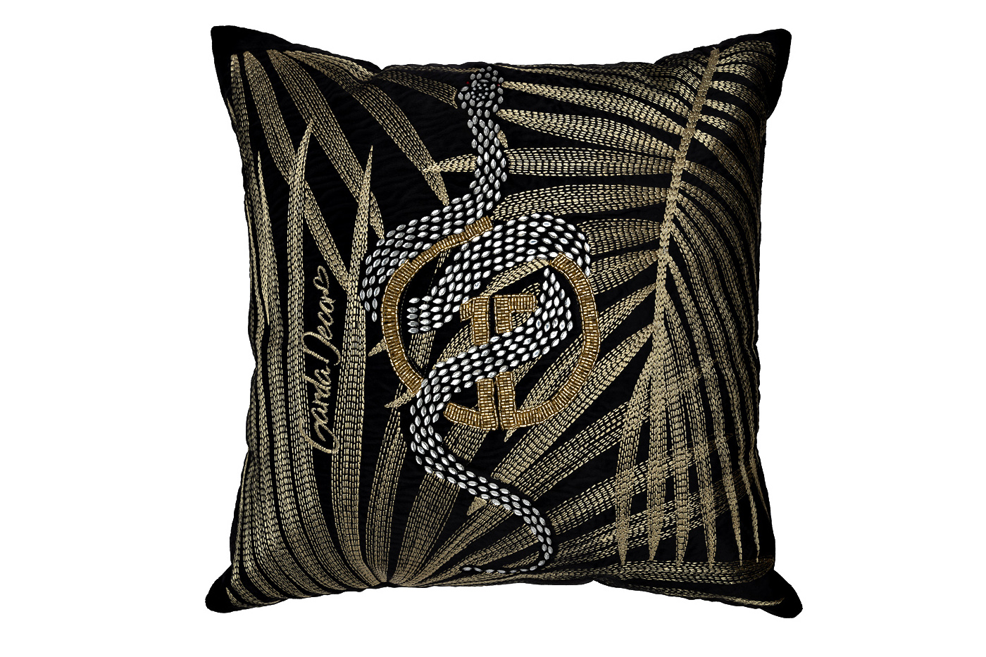 Подушка декоративная с бисером, стеклярусом и вышивкой «Тропики» черная 1